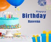 happy birthday raseena written on image green cake keep on white stand and blue gift boxes with yellow ribon with sky background.jpg from raseena photos
