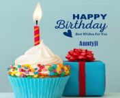 happy birthday auntyji written on image blue cup cake and burning candle blue gift boxes with red ribon.jpg from sweety aunty wishin