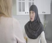close up muslim woman hijab arguing caucasian friend home turning back to her showing tongue two women quarrelling 167705639.jpg from muslim babe in hijab mp4