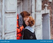 young couple love hugging old part town loving walking yards houses streets next to ancient house kissing close 107179905.jpg from village young romance with old man