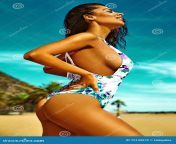 sexy hot model bikini fashion outdoor photo beautiful woman dark hair white colorful relaxing summer beach behind 75132572.jpg from hot sexy modal