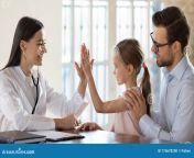 smiling female doctor nurse giving high five to little patient side view preschool girl sitting daddy s lap pleasant general 175678200.jpg from doctor and narch x