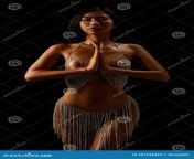 art nude naked asian sexy girl transparent dress rhinestones threads hands namaste gesture isolated black 287238442.jpg from nude transparan