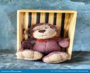 cute monkey smile doll sitting wooden box cute monkey smile doll sitting wooden box cement background surprise gift 114120924.jpg from 240320 full semile doll