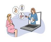 female doctor consult pregnant woman online on computer happy mom to be have webcam consultation with gynecologist talk speak on video call virtual event on lockdown flat illustration vector.jpg from webcam pregnant