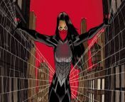 silk dangling between two buildings on a web in front of a pink sky.jpg from ultimate spiderman petar fuck mj cartoon xxxtress nayanthara no dress xxx