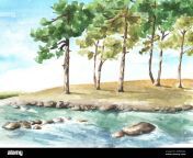 river bank hand drawn watercolor illustration 2m8rgr2.jpg from water drawn on the bank of the pond