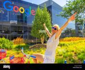 mountain view california usa august 13 2018 smiling tourist woman on google bike under google sign at google headquarters building a young girl visiting the web leader company in silicon valley pjff7a.jpg from 谷歌搜索排名【电报e10838】google seo推广 qvt 0503