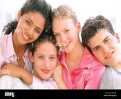 portrait of three smiling teenage girls and a teenage boy dj55hn.jpg from 1 ladka ka 3 ladki
